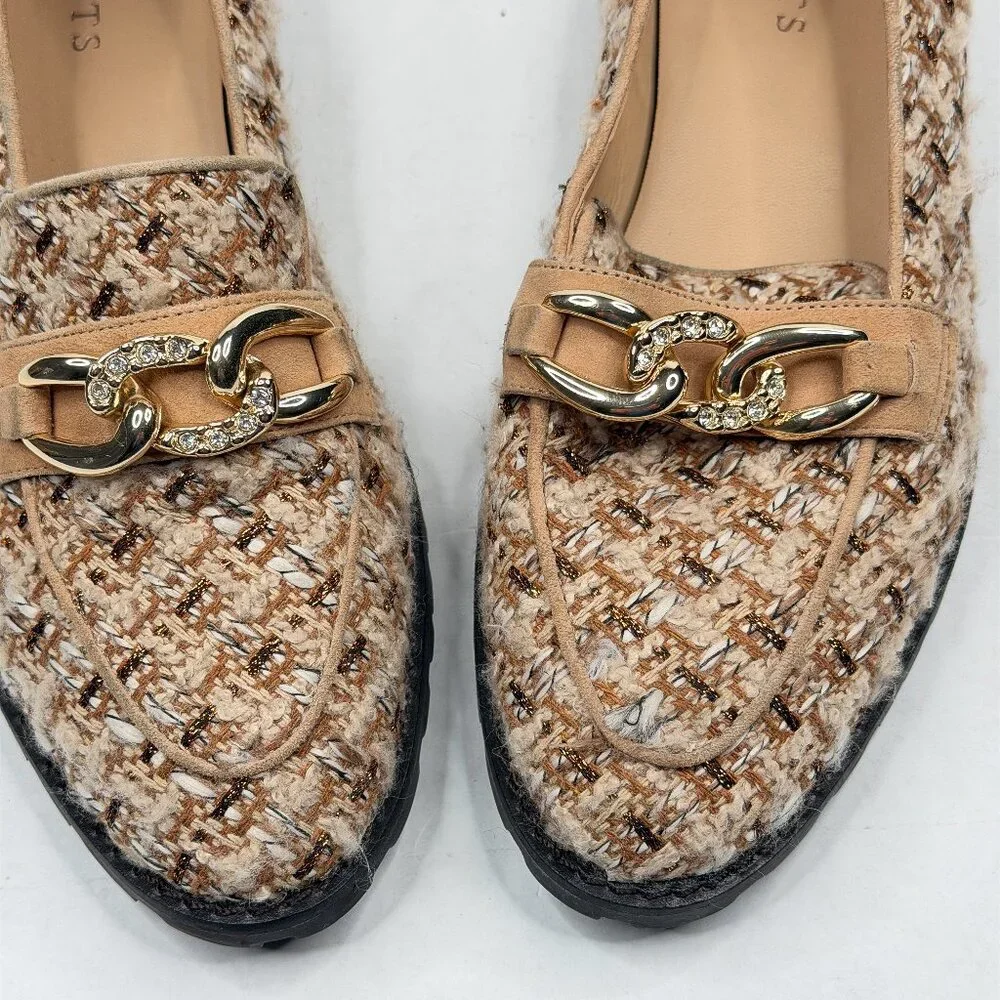 Talbots Leighton Chain Metallic Boucle Tweed Loafers Café Ivory Sz 8 1/2M - NWOT